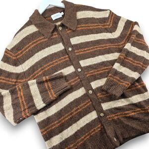 Topman Striped Cardigan Mens Medium Brown Fuzzy Collared Button Up Sweater